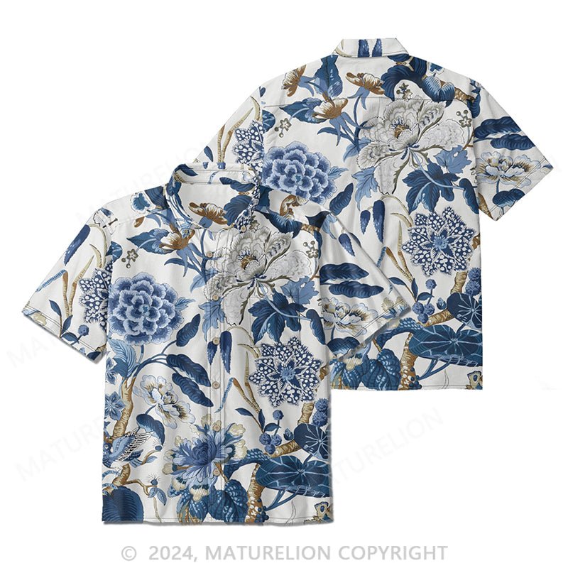 Maturelion Men's Button Down Shirts Flowers And Plants Print Short Sleeve Casual Blouse