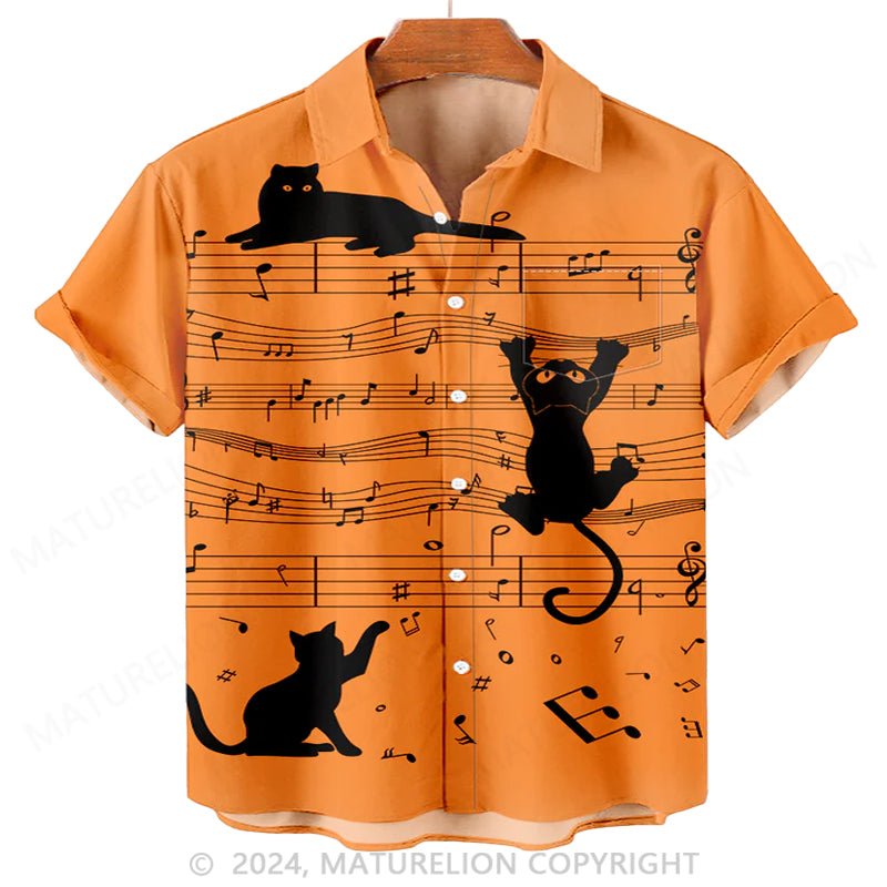 Maturelion Men'S Hawaii Halloween Sheet Music And Black Cat Printed Shirt