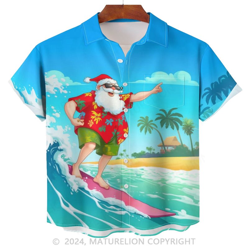 Maturelion Christmas Santa Surfing Chest Pocket Hawaiian Shirt