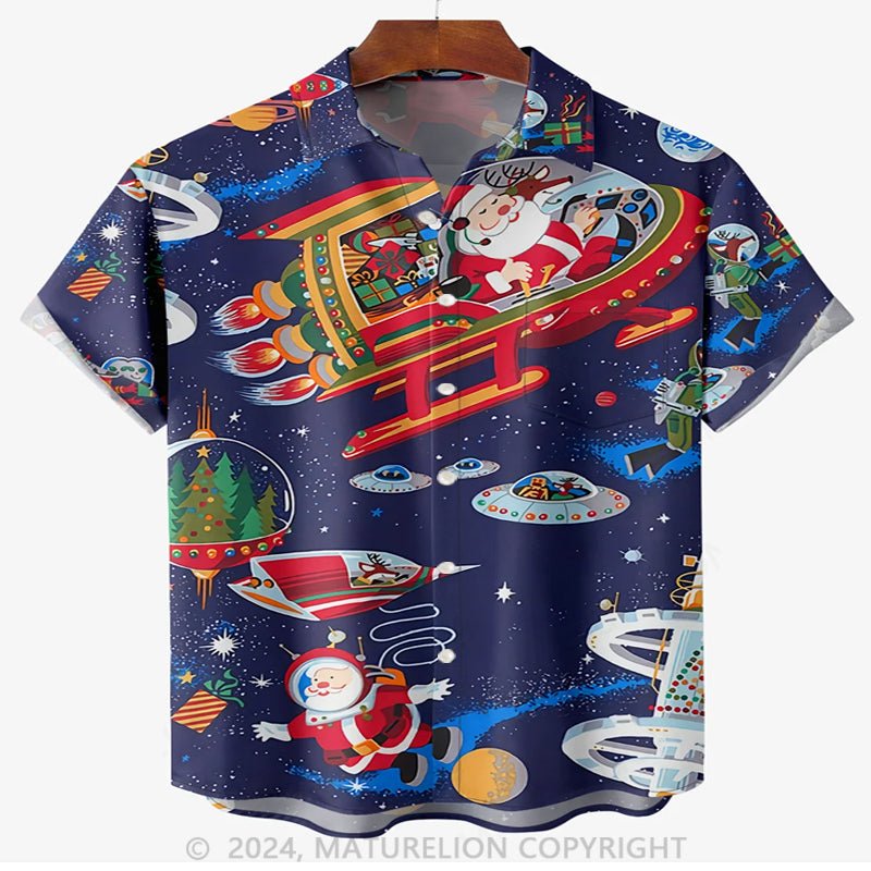 Maturelion Christmas Santa And spaceship Chest Pocket Short Sleeve Hawaiian Shirt