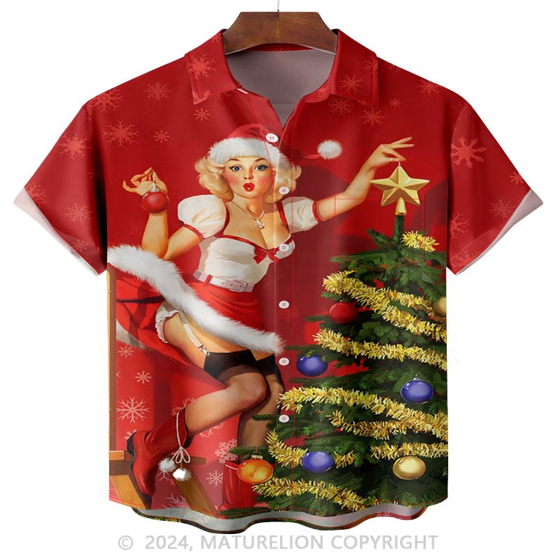 Maturelion Christmas Girl Chest Pocket Short Sleeve Hawaiian Shirt