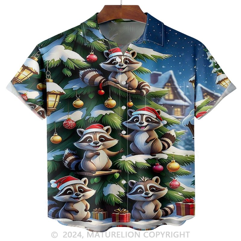 Maturelion Christmas Raccoon Chest Pocket Hawaiian Shirt