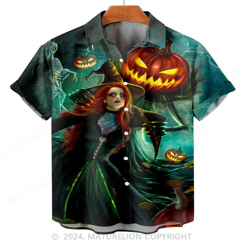 Maturelion Men'S Halloween Witch And Pumpkin Printed Shirt