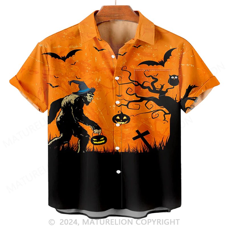 Maturelion Men'S Halloween Bigfoot Pumpkin Printed Shirt