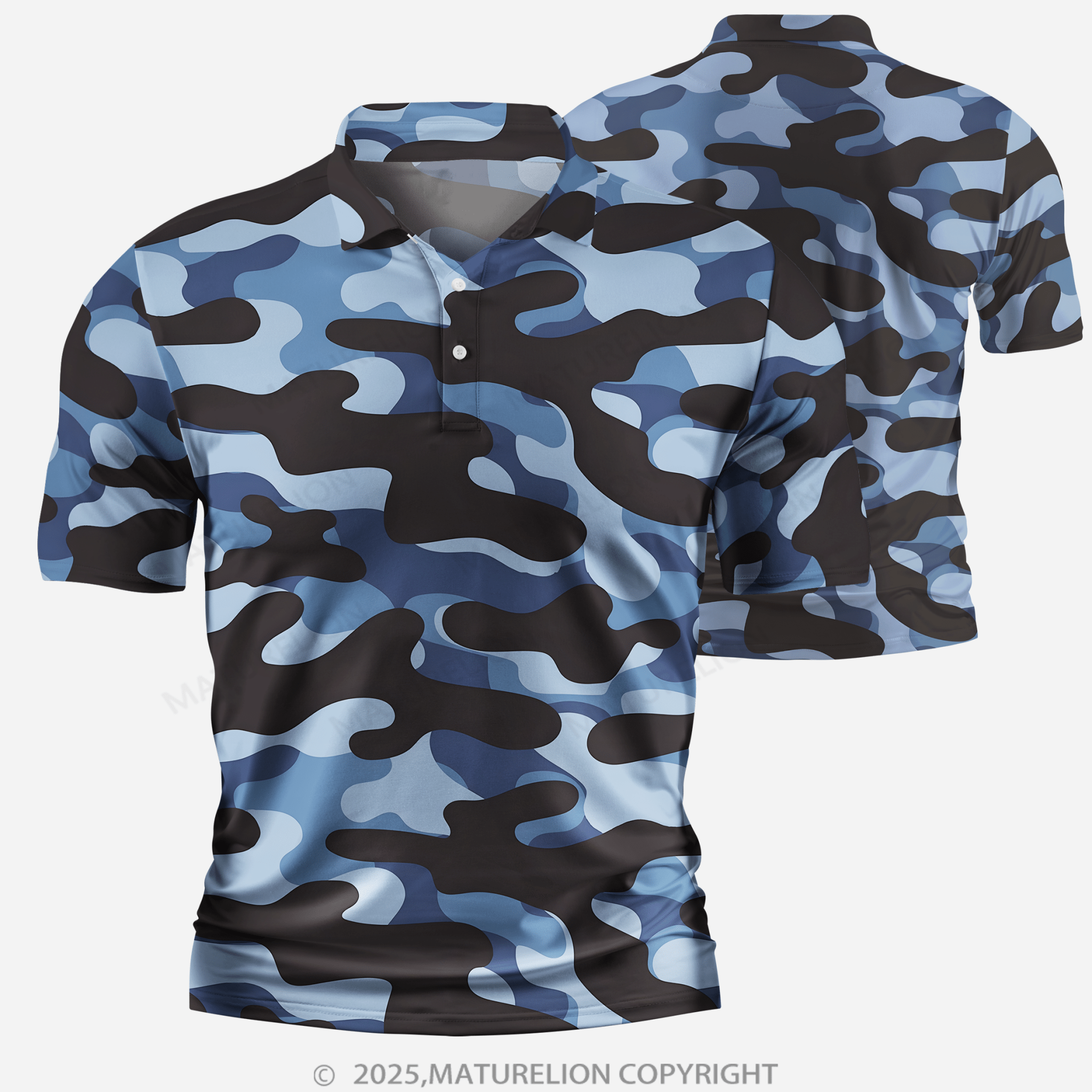 Maturelion Men's Polo Shirt Midnight Blue Camo V-Neck Polo Shirt