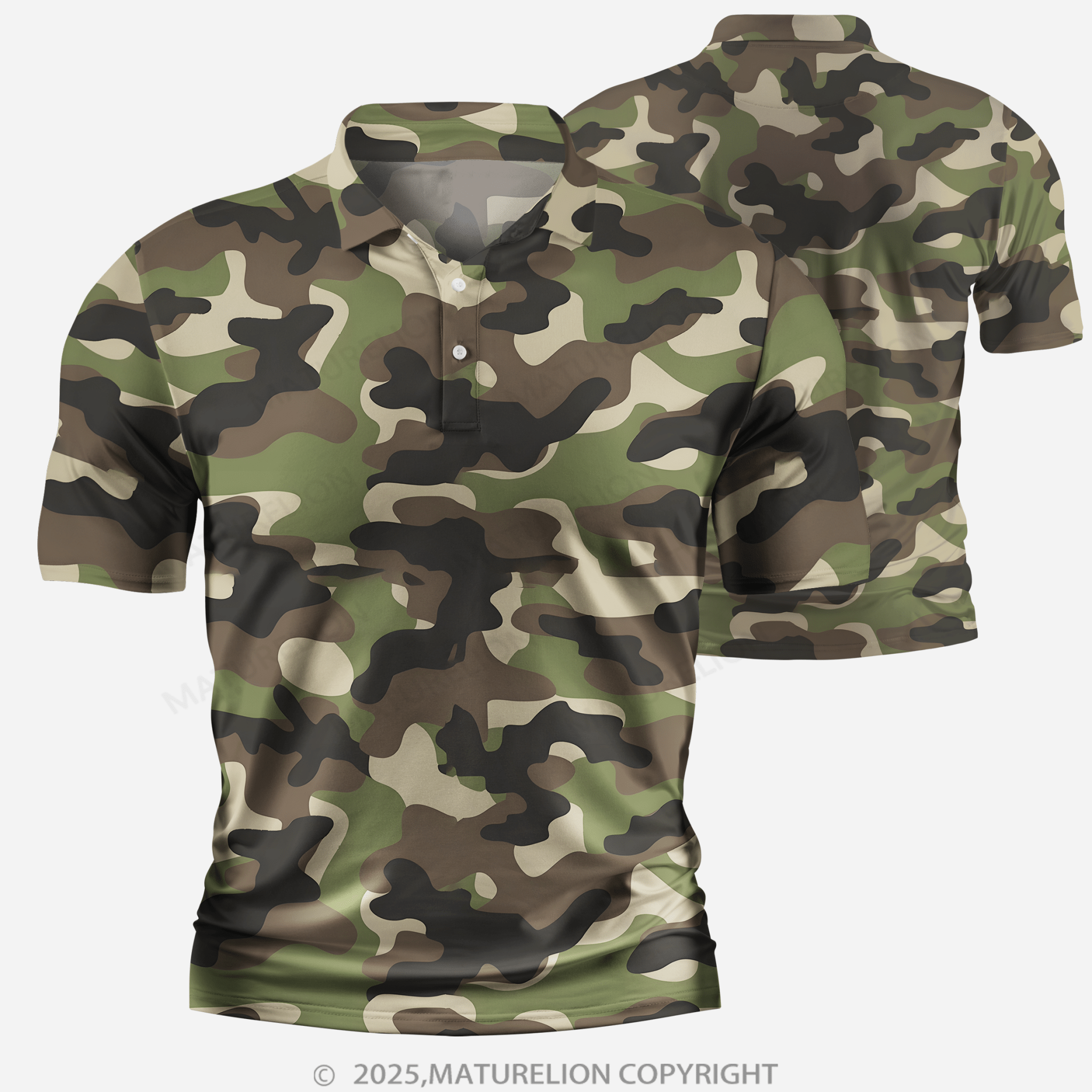 Maturelion Men's Polo Shirt Woodland Camouflage V-Neck Polo Shirt