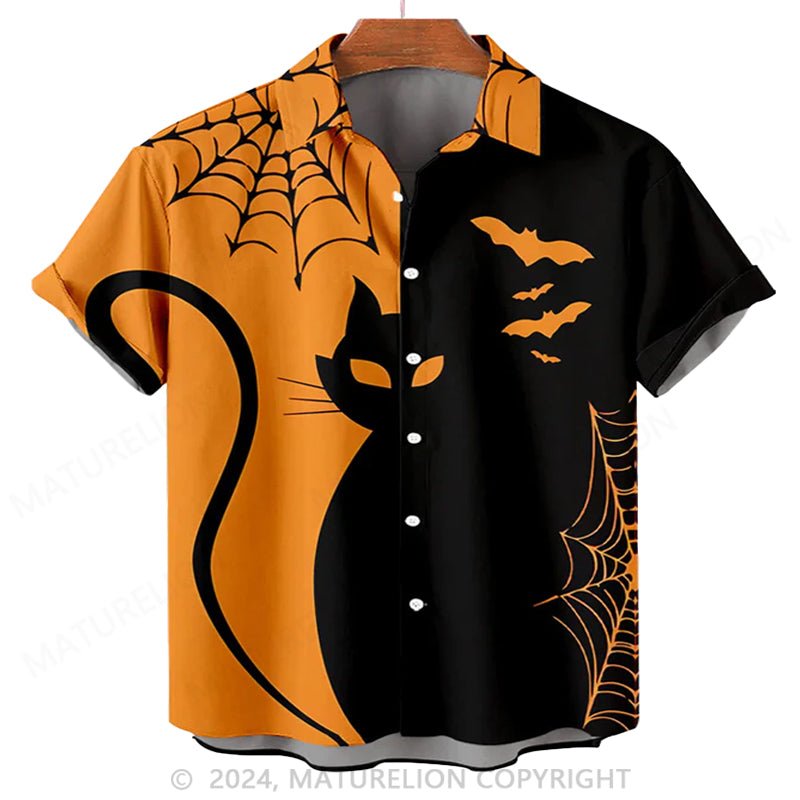 Maturelion Men'S Halloween Black Cat Printed Shirt