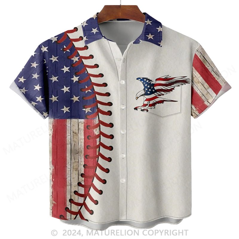 Maturelion Moisture-wicking Baseball American Flag American Eagle Chest Pocket Hawaiian Shirt