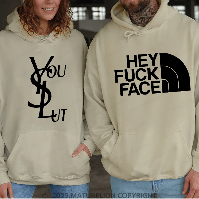 Maturelion hey fuck face &  you slut Couple Hoodie