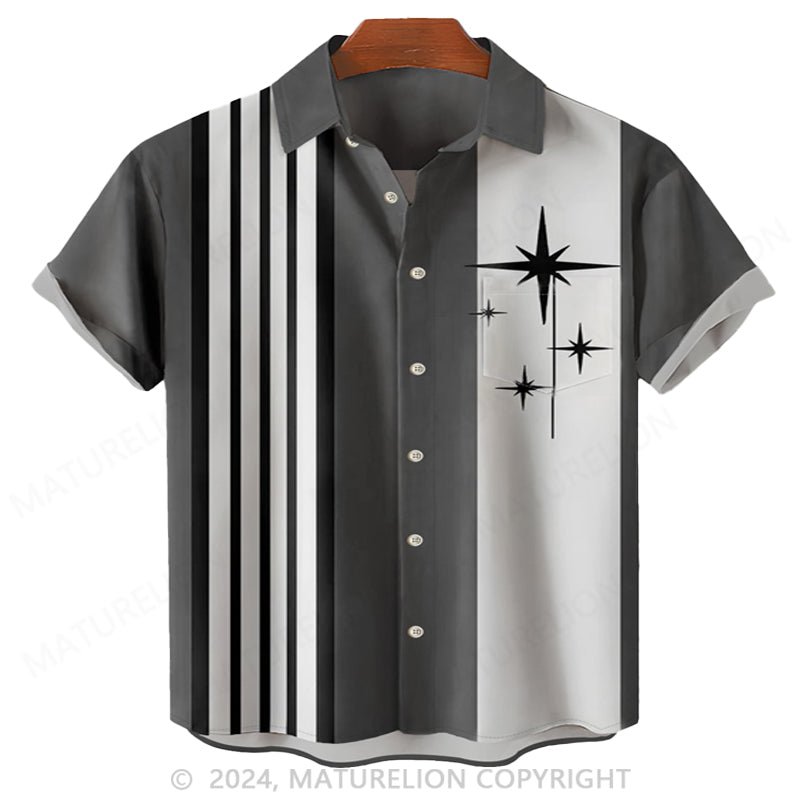 Maturelion retro bowling geometric pattern stripe print men's chest pocket holiday shirt oversized shirt