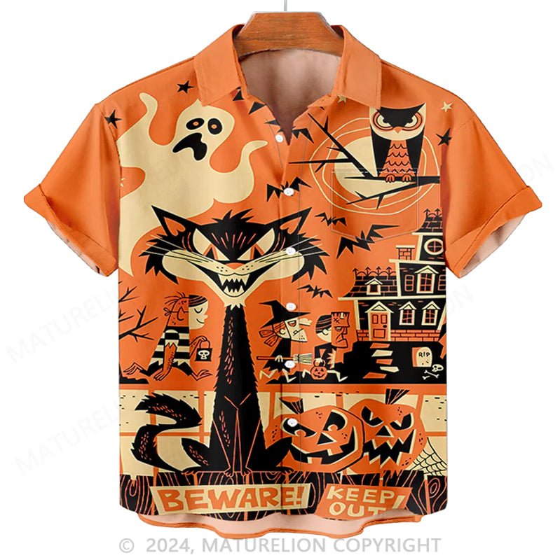 Maturelion Men'S Halloween Black Cat Printed Shirt