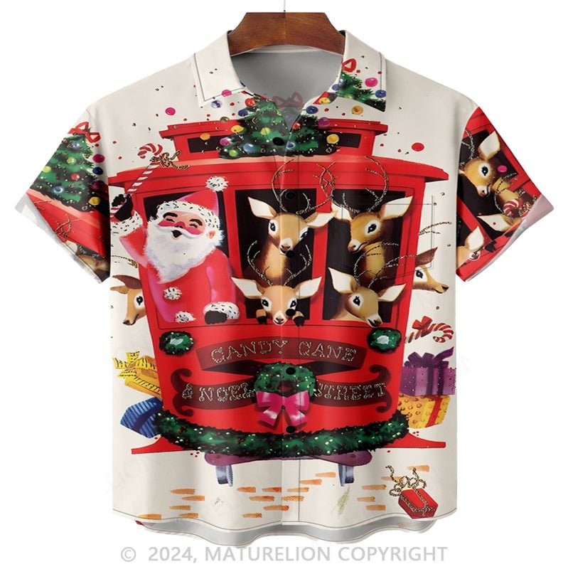 Maturelion Christmas Santa Claus And Christmas Train Chest Pocket Short Sleeve Hawaiian Shirt