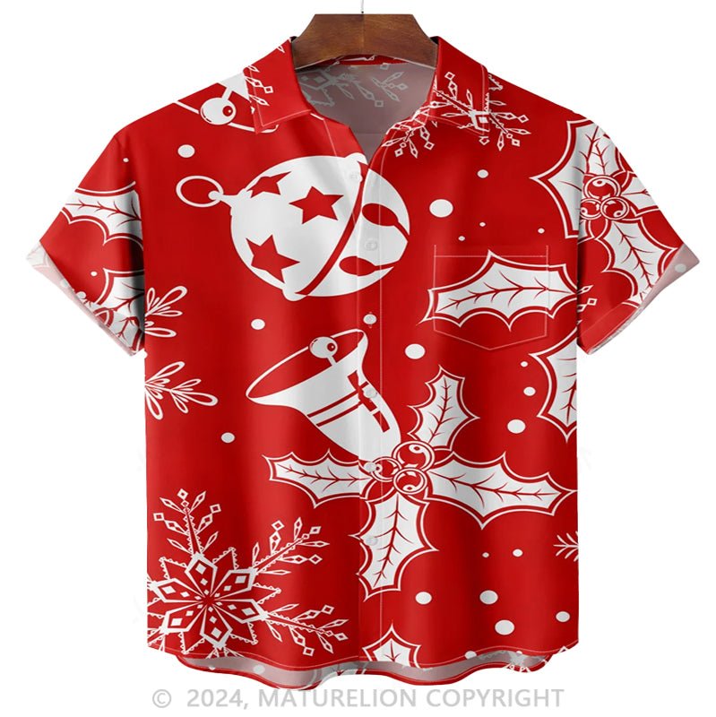 Maturelion Christmas Jingle Bell Chest Pocket Short Sleeve Hawaiian Shirt