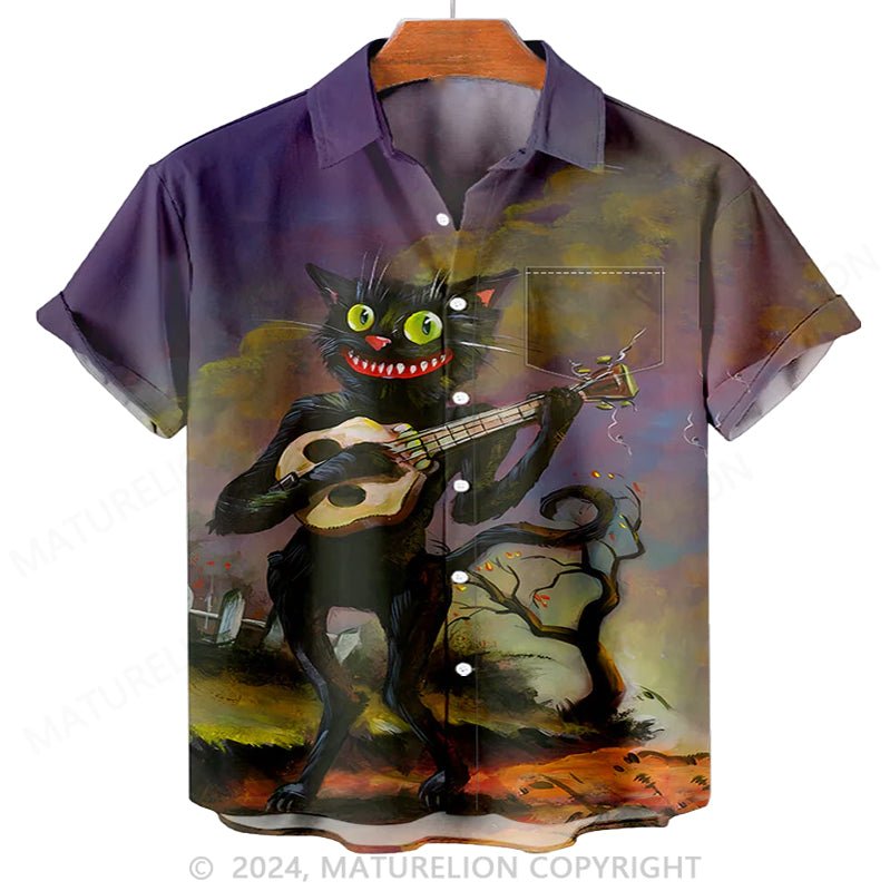 Maturelion Men'S Halloween Black Cat And Skull Banjo Printed Shirt