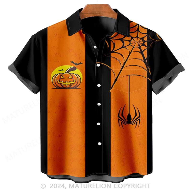 Maturelion Men'S Halloween Pumpkin And Spider Printed Shirt