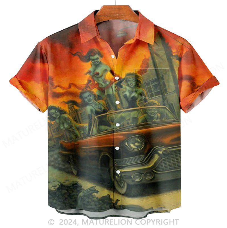 Maturelion Men'S Halloween Music Classic Monster And Car Printed Shirt