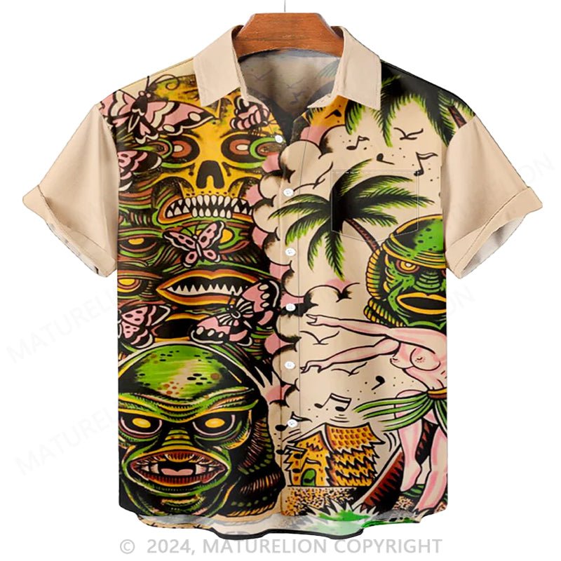 Maturelion Men'S Halloween Classic Monster Hawaii Tiki Printed Shirt