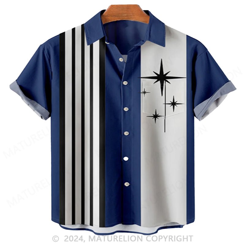 Maturelion retro bowling geometric pattern stripe print men's chest pocket holiday shirt oversized shirt