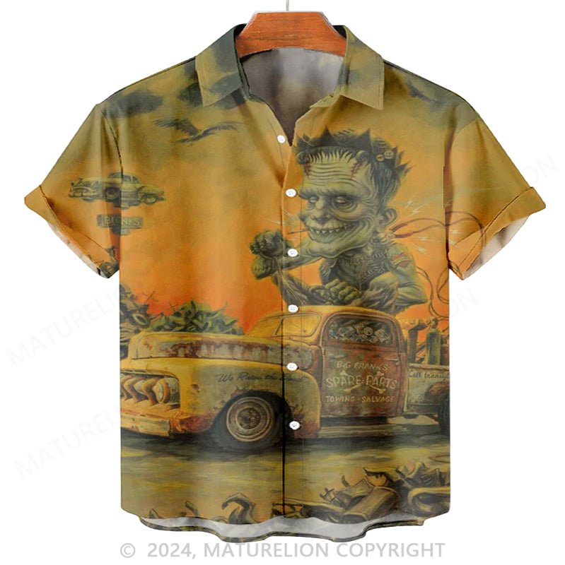 Maturelion Men'S Halloween Classic Monster And Car Printed Shirt