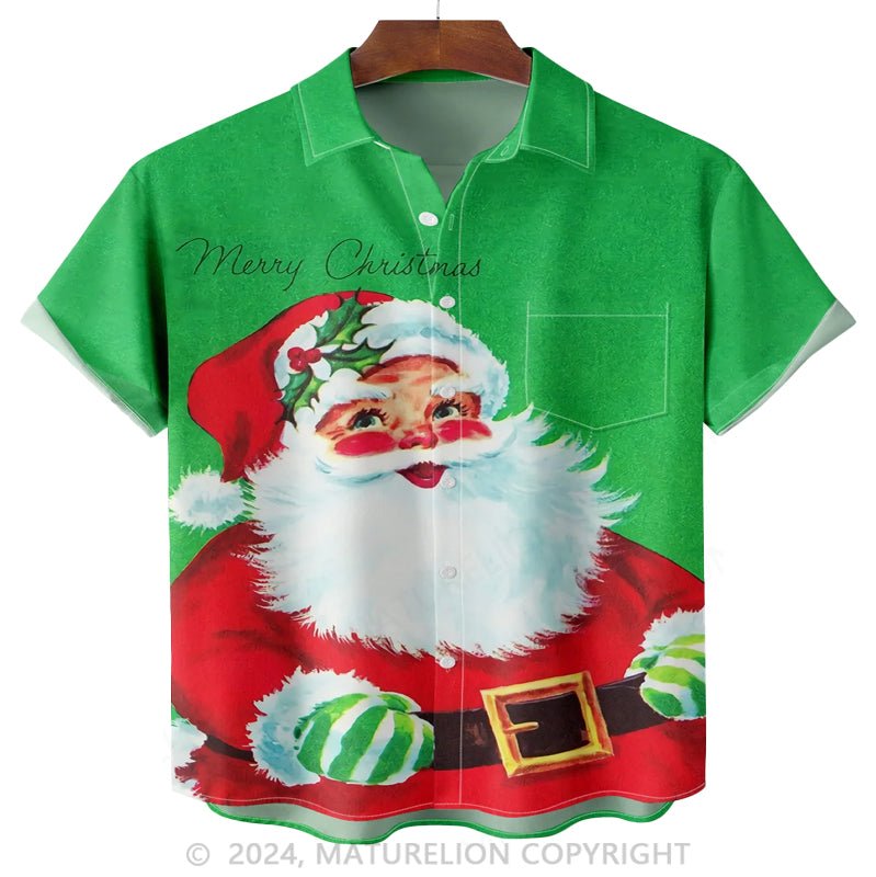 Maturelion Christmas Merry Chrismas Santa Claus Chest Pocket Short Hawaiian Shirt