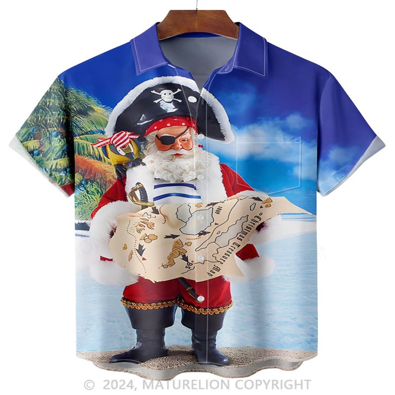 Maturelion Christmas Pirate Santa Claus Chest Pocket Short Sleeve Hawaiian Shirt