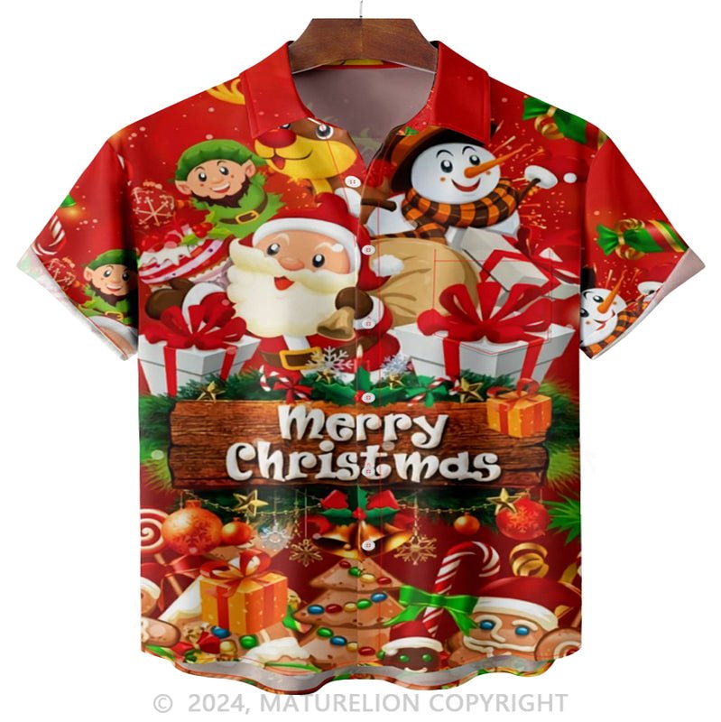 Maturelion Christmas Party Pocket Short Sleeve Hawaiian Shirt