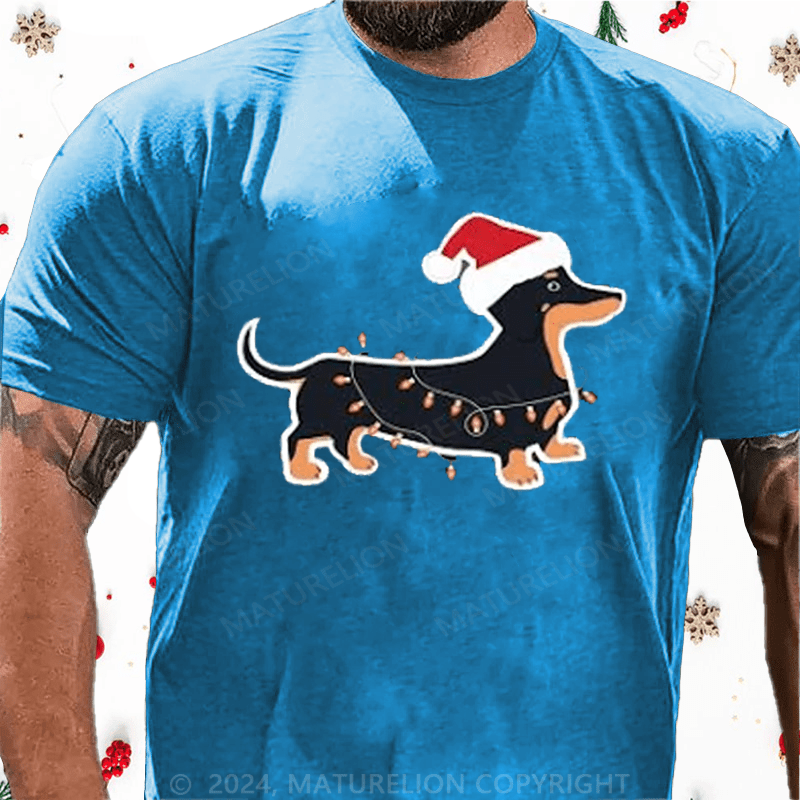 Maturelion Christmas T-Shirt Cute Weiner Dog Christmas Lights Graphic Printed Short Sleeve T-Shirt