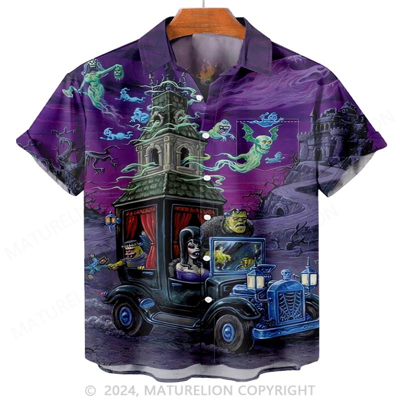 Maturelion Men'S Halloween Music Classic Monster And Car Printed Shirt