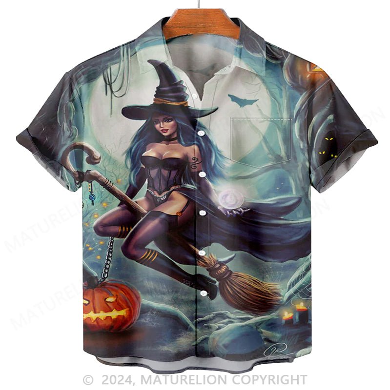 Maturelion Men'S Halloween Witch And Pumpkin Printed Shirt