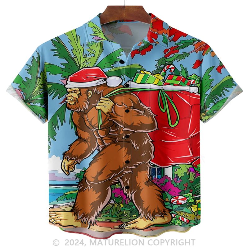 Maturelion Christmas Orangutan Chest Pocket Short Sleeve Hawaiian Shirt