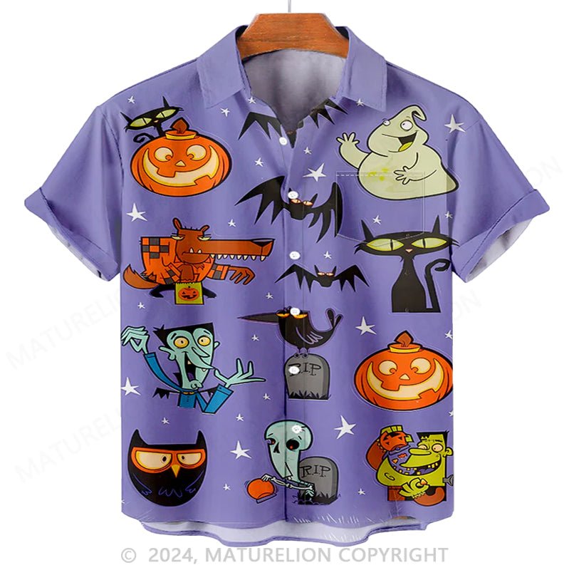 Maturelion Men'S Halloween Pumpkin Zombie And Black Cat Monster Printed Shirt