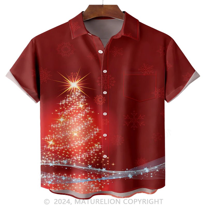 Maturelion Christmas Star Christmas Tree Chest Pocket Short Hawaiian Shirt