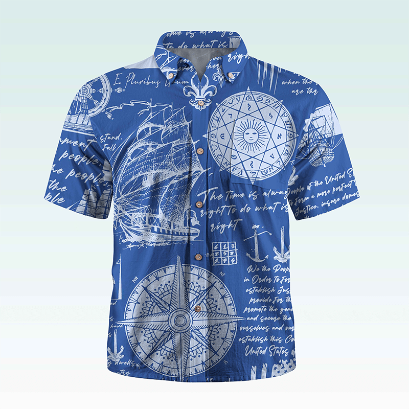 Maturelion Men's Hawaiian Shirt Helloice Steampunk Gold Compass Print Short Sleeve Hawaiian Shirt