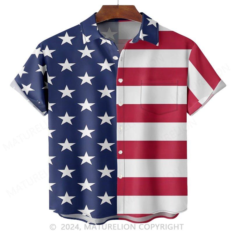 Maturelion Moisture-wicking American Flag Chest Pocket Hawaiian Shirt