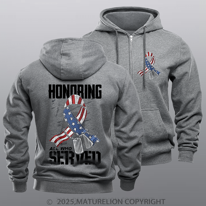 Maturelion Men's Hoodie Honoring All Who Served Zipper Hoodie