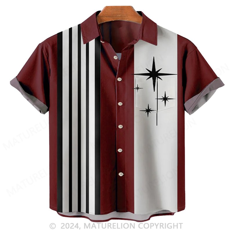 Maturelion retro bowling geometric pattern stripe print men's chest pocket holiday shirt oversized shirt