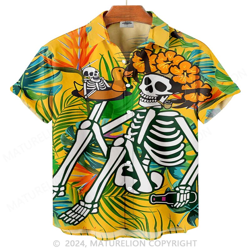 Maturelion Men'S Hawaii Halloween Vacation Skeleton With Garland Printed Shirt