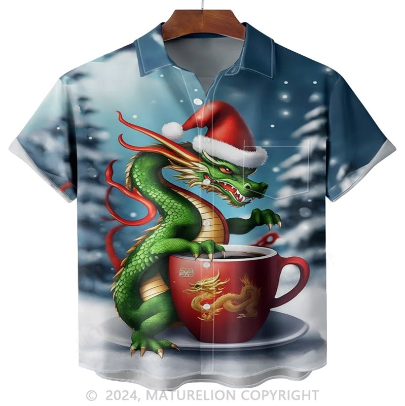 Maturelion Christmas Dragon Chest Pocket Hawaiian Shirt