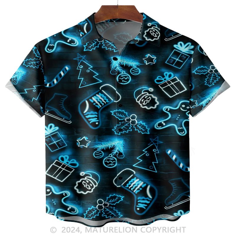 Maturelion Christmas Fluorescent Christmas Chest Pocket Short Sleeve Hawaiian Shirt