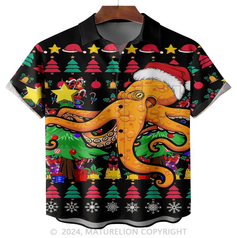 Maturelion Christmas Octopus Chest Pocket Short Sleeve Hawaiian Shirt