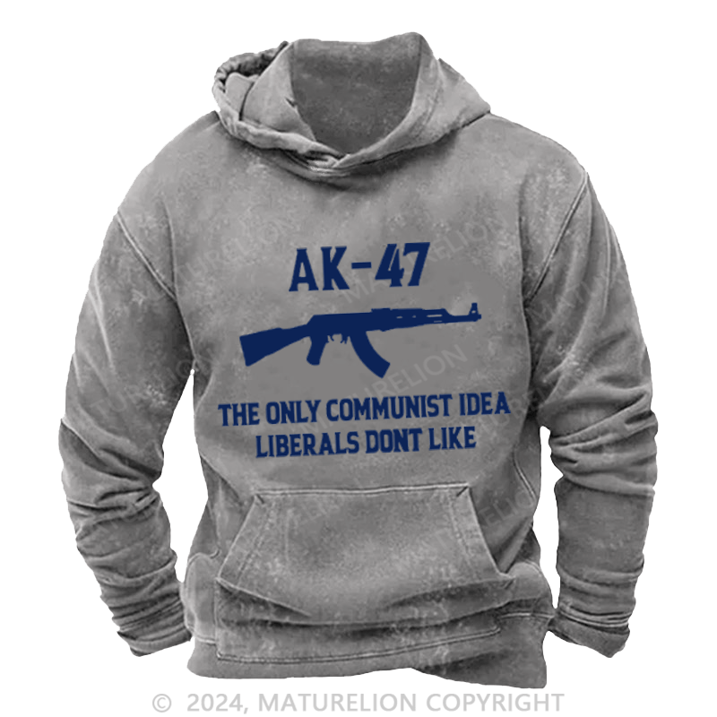 Matuerlion Men's Hoodie AK-47 The Only Communist Idea Liberals Don't Like Washed Hoodie