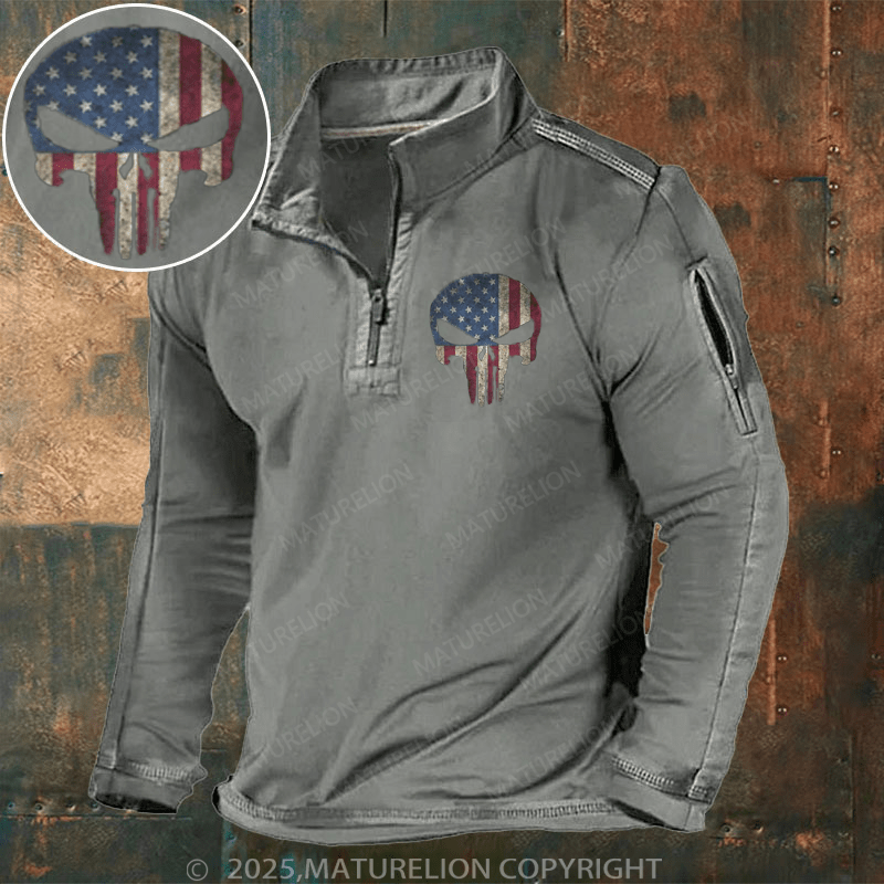 Maturelion Men's Henley Shirt Patriotic American Flag Vigilante Skull Henley Shirt