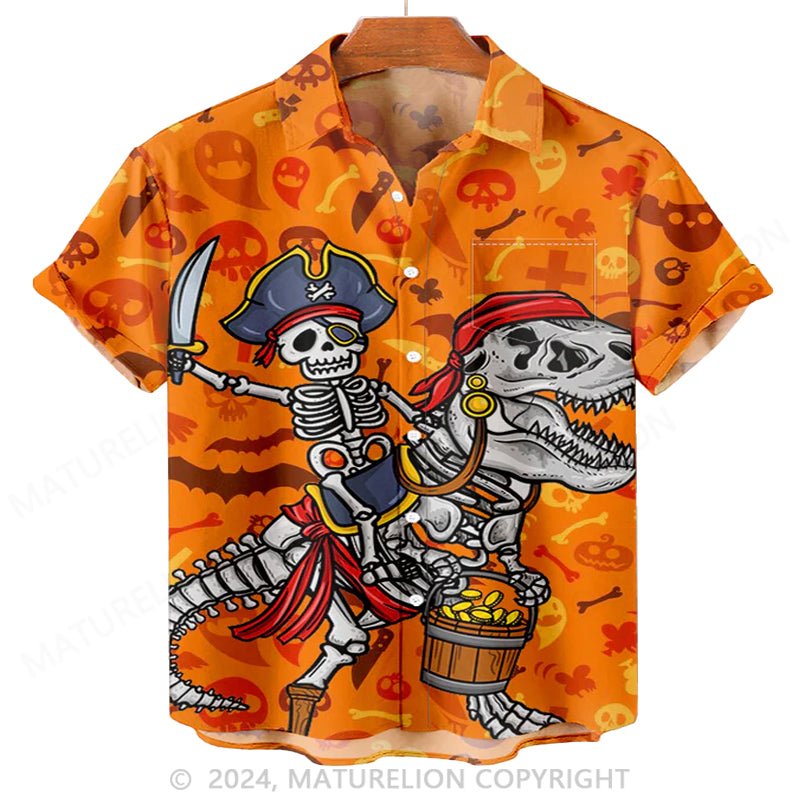 Maturelion Men'S Skeleton Pirates And Dinosaurs Printed Shirt