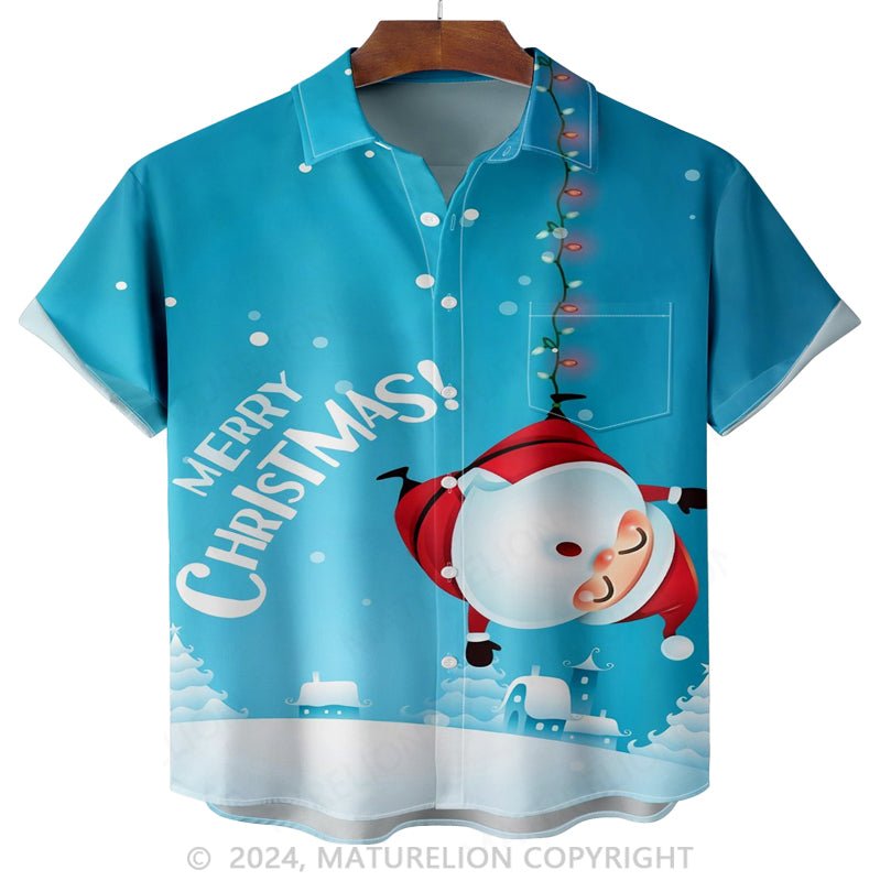 Maturelion Christmas Snowy Days Santa Chest Pocket Hawaiian Shirt