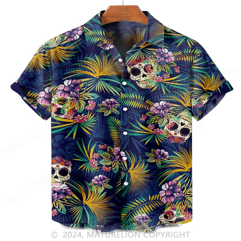 Maturelion Men'S Skeleton Hawaiian Tropical Plant Print Shirt