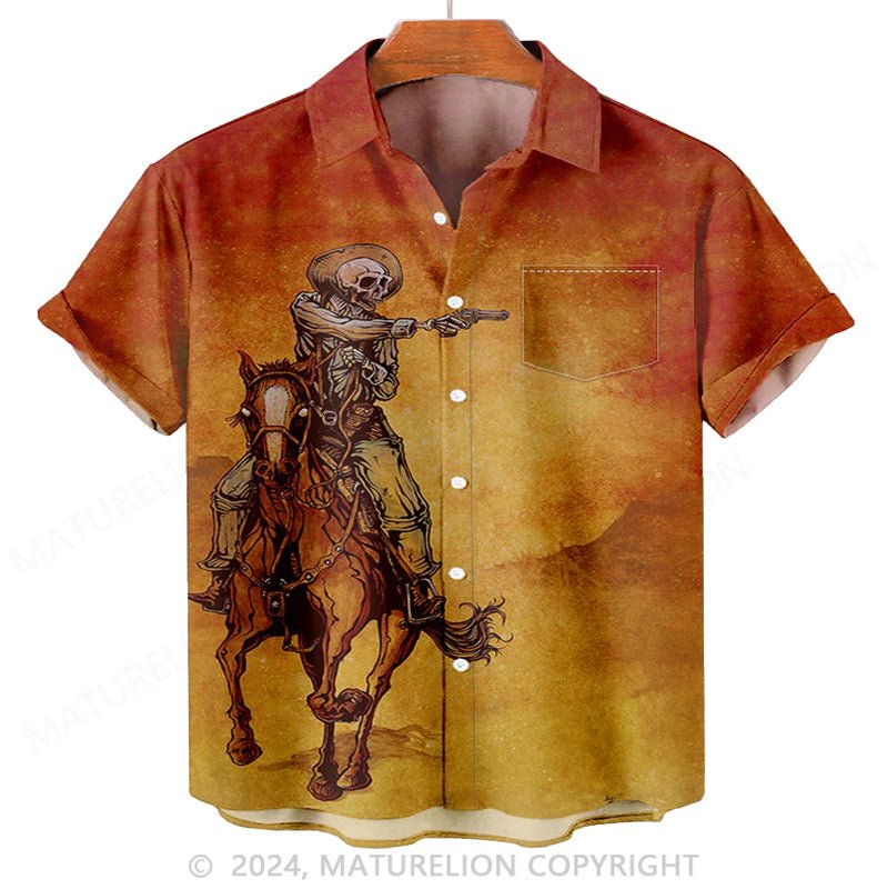 Maturelion Men'S Day Of The Dead West Skull Cowboy Printed Shirt