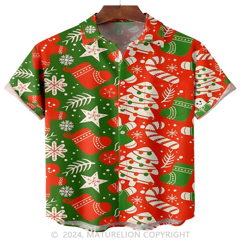 Maturelion Christmas Printing Chest Pocket Short Sleeve Hawaiian Shirt