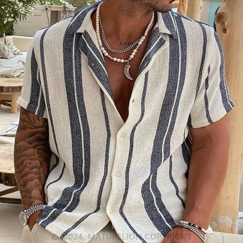 Maturelion Men'S Vacation Striped Cotton linen Shirt