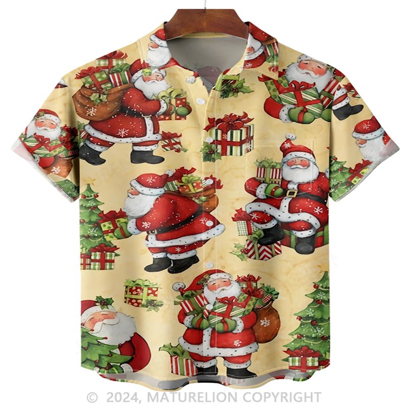 Maturelion Christmas Santa Claus Gift Chest Pocket Short Sleeve Hawaiian Shirt