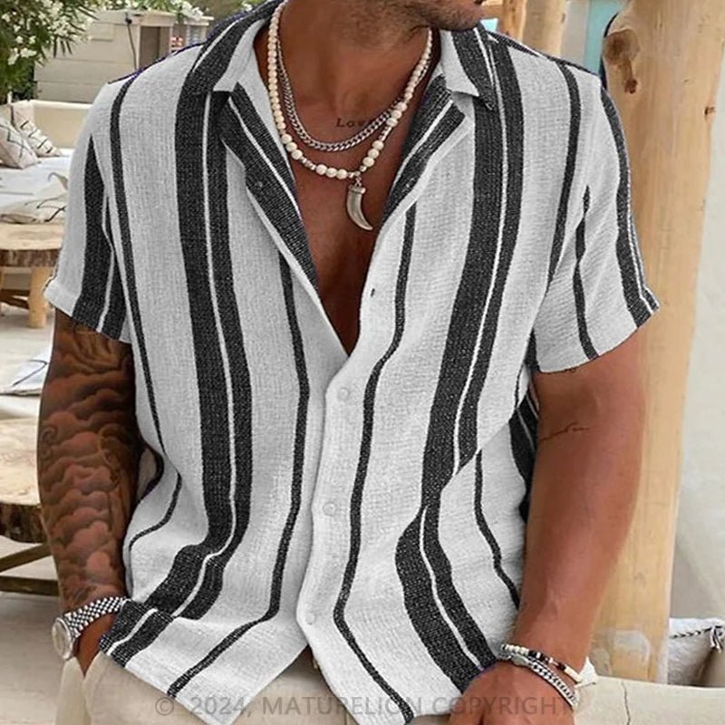 Maturelion Men'S Vacation Striped Cotton linen Shirt